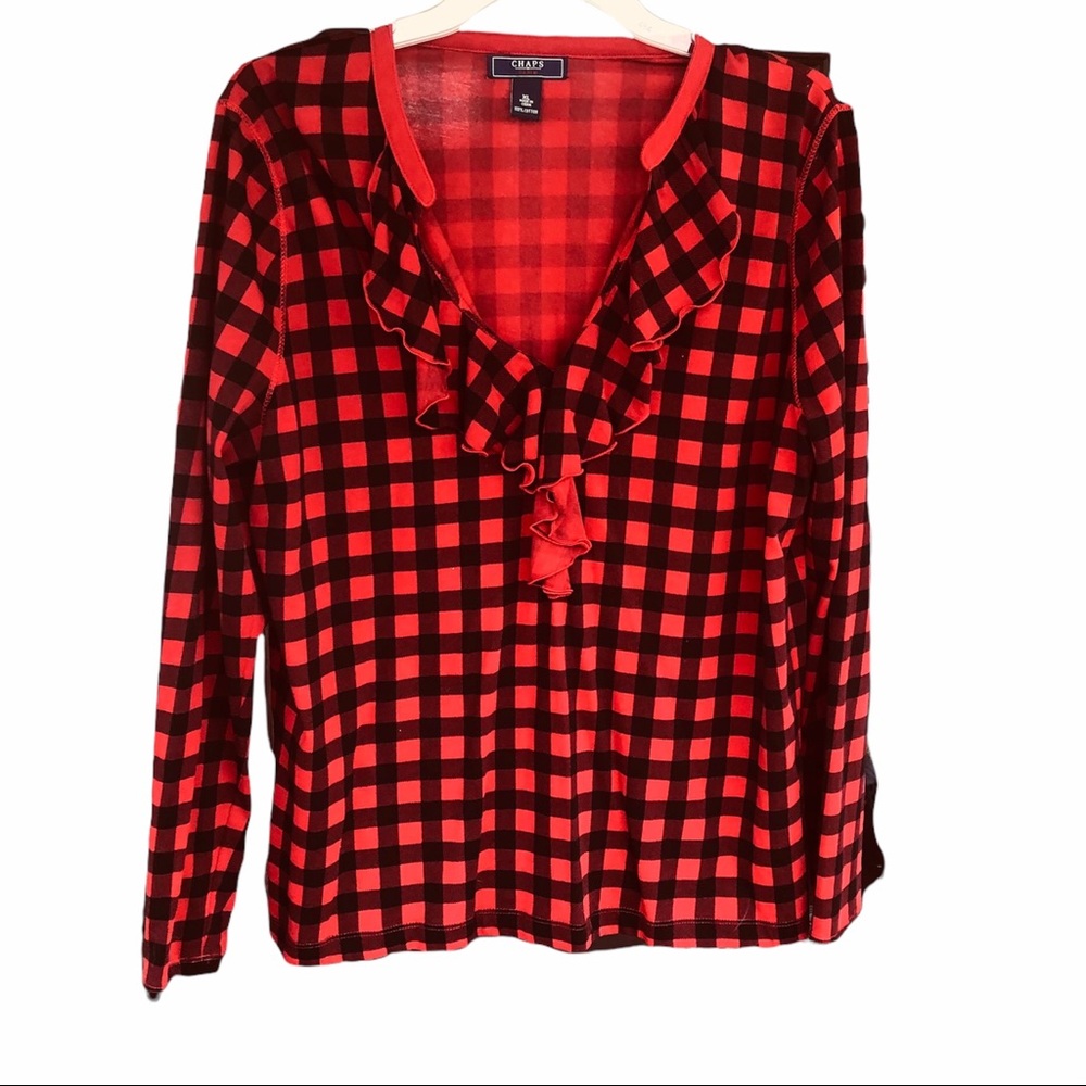 - Chaps Denim red and black plaid ruffled v-neckline long sleeved shirt to…